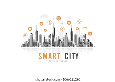 Smart city with smart services and icons, internet of things, networks, commercial, business and augmented reality concept vector design