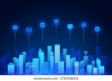 Smart city skyline with AI, cloud, Wi-Fi, and IoT icons connected to buildings. Ideal for visuals on urban innovation, digital infrastructure, and smart technology integration.