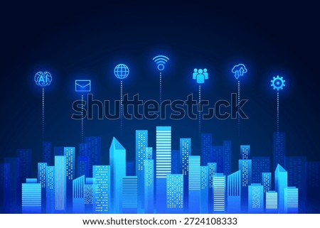 Smart city skyline with AI, cloud, Wi-Fi, and IoT icons connected to buildings. Ideal for visuals on urban innovation, digital infrastructure, and smart technology integration.