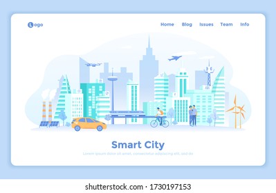 Smart City Skyline. Urban landscape with building architecture, communication, infrastructure, transportation, services, eco energy. landing web page design template decorated with people characters.