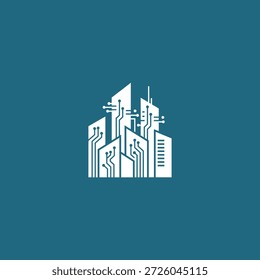 Diseño de Vector plano del icono del logotipo del Vector del horizonte de la ciudad inteligente.