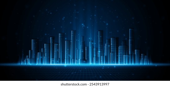 Smart city with skyscrapers that light up at night. Concept of future technology city architecture Digital high-tech city design. technology city background