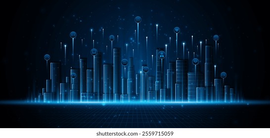 Smart city with skyscrapers that light up at night. Concept of future technology city architecture Digital high-tech city design. technology city background	