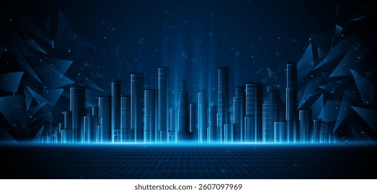 Smart city with skyscrapers that light up at night. Concept of future technology city architecture Digital high-tech city design. technology city background	