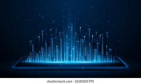 Smart city with skyscrapers that light up at night on a smartphone or tablet. Concept of future technology city architecture Digital high-tech city design. technology city background	