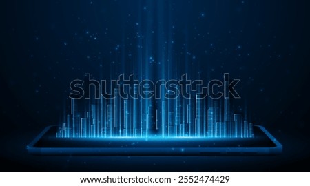 Smart city with skyscrapers that light up at night on a smartphone or tablet. Concept of future technology city architecture Digital high-tech city design. technology city background	