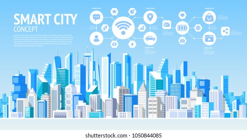 Smart city. Social Media Communication Internet Network Connection City Skyscraper View Cityscape Background Vector Illustration