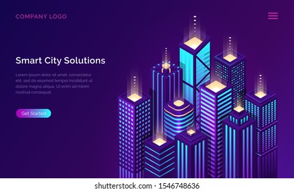 Smart city solution, internet of things and network technology, isometric concept vector illustration. Tall urban buildings block isolated on ultraviolet background