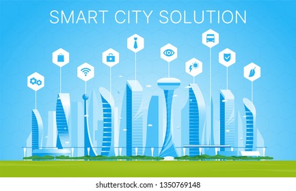 Smart city solution. Vector flat illustration of city with buildings, cars and trees