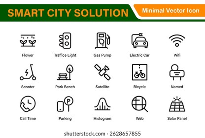 Conjunto de iconos de soluciones de ciudad inteligente: Ilustraciones vectoriales de línea mínimas para Diseños de planificación Urbana, IoT, infraestructura, Transporte y tecnología inteligente
