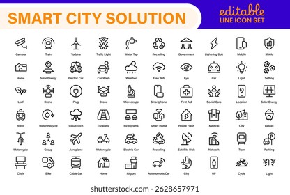 Smart City Solutions Icon Set - Minimal Line Vektorgrafiken für Stadtplanung, IoT, Infrastruktur, Verkehr und Smart Tech Designs