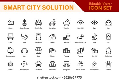 Conjunto de iconos de soluciones de ciudad inteligente: Ilustraciones vectoriales de línea mínimas para Diseños de planificación Urbana, IoT, infraestructura, Transporte y tecnología inteligente