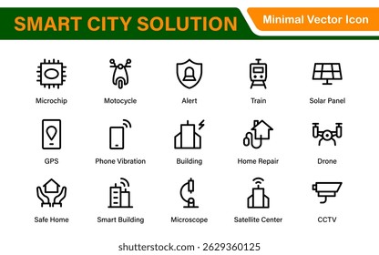 Smart City Solutions Icon Set – Minimal Line Vector Illustrations for Urban Planning, IoT, Infrastructure, Transportation, and Smart Tech Designs