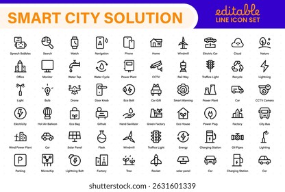 Smart City Solutions Icon Set – Minimal Line Vector Illustrations for Urban Planning, IoT, Infrastructure, Transportation, and Smart Tech Designs