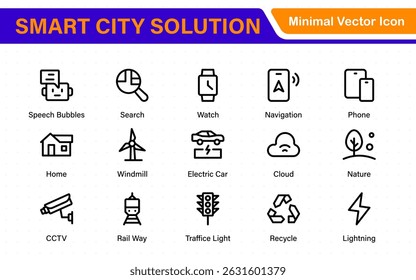 Conjunto de iconos de soluciones de ciudad inteligente: Ilustraciones vectoriales de línea mínimas para Diseños de planificación Urbana, IoT, infraestructura, Transporte y tecnología inteligente