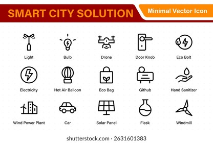 Smart City Solutions Icon Set – Minimal Line Vector Illustrations for Urban Planning, IoT, Infrastructure, Transportation, and Smart Tech Designs