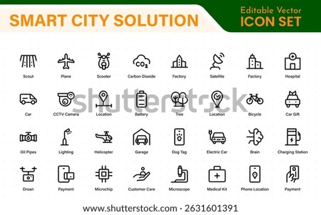 Smart City Solutions Icon Set – Minimal Line Vector Illustrations for Urban Planning, IoT, Infrastructure, Transportation, and Smart Tech Designs