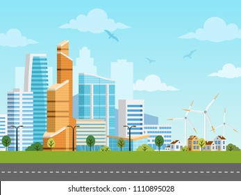 Smart city and suburb with skyscrapers and private houses vector panorama. Buildings, skyscrapers and windmills