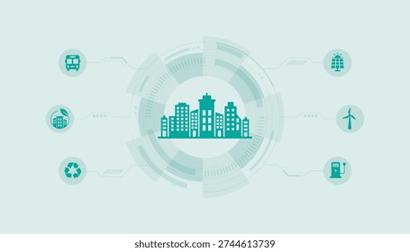 Smart city sustainability concept featuring urban skyline with renewable energy, electric mobility and recycling system for eco-friendly urban development.