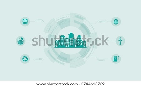 Smart city sustainability concept featuring urban skyline with renewable energy, electric mobility and recycling system for eco-friendly urban development.