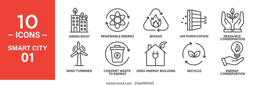 Smart City Sustainability Icon Set: 10 Editable Vector Icons Depicting Renewable Energy, Recycling, and Resource Conservation