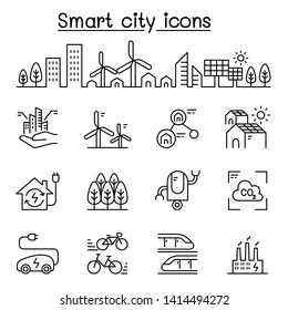 Smart City, Sustainable Town, Eco Friendly City Icon Set In Thin Line Style