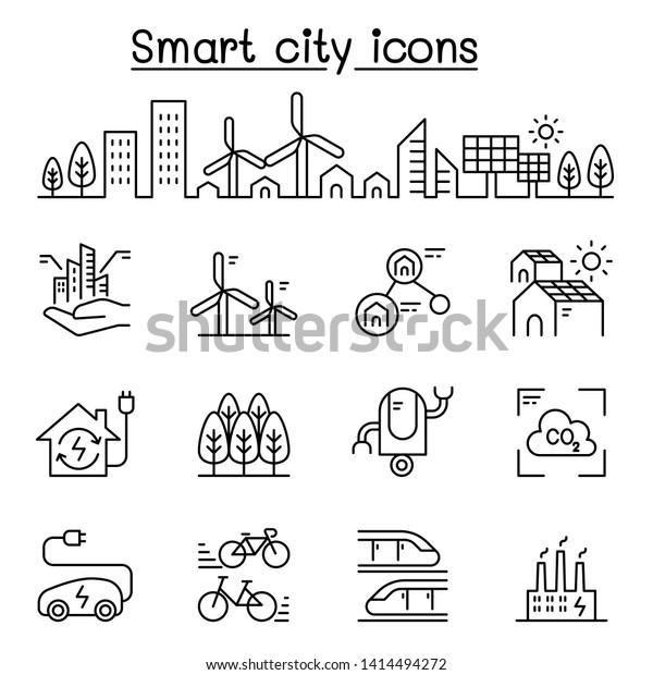 Smart city, Sustainable town, Eco friendly city\
icon set in thin line\
style