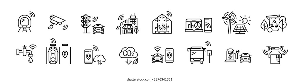 Smart city. Sustainable urban technologies. Green energy sources, use of sensors and networks. Pixel perfect, editable stroke line icons set