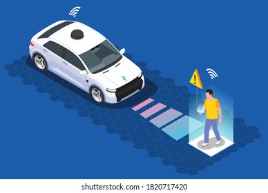 Smart city technologies isometric composition with image of moving remote car with scanner detecting walking pedestrian vector illustration