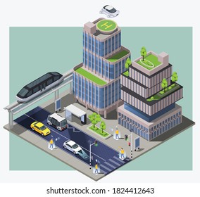 Smart City Technologies Isometric Composition With Image Of City Block With Remote Vehicles Buildings And People Vector Illustration