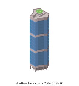 Smart city technologies isometric composition with image of tall building with helipad on top vector illustration