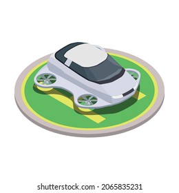 Smart city technologies isometric composition with futuristic car on helipad vector illustration