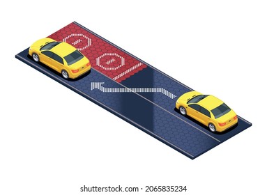 Smart city technologies isometric composition with view of motorway with cars scanning road vector illustration