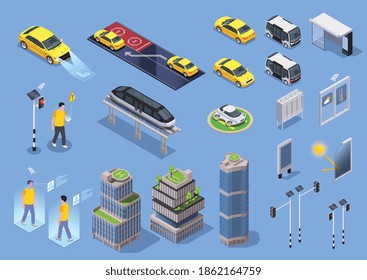 Intelligente Stadttechnologien - isometrischer Satz von isolierten Remote-Autos Symbole hohe Gebäude mit Hilfen und Menschen Vektorgrafik