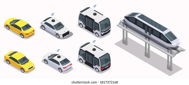 Smart city technologies set of isometric urban transport icons and isolated images of remotely controlled cars vector illustration