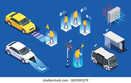 Smart city technologies set of isometric icons of futuristic vehicles scanning pedestrians and remotely controlled buses vector illustration