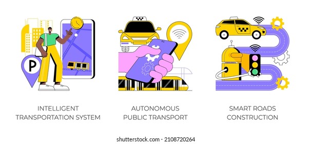 Smart City Technology Abstract Concept Vector Illustration Set. Intelligent Transportation System, Autonomous Public Transport, Smart Roads Construction, Traffic, Parking Management Abstract Metaphor.