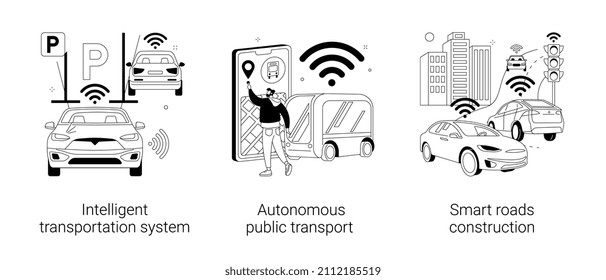 Smart City Technology Abstract Concept Vector Illustration Set. Intelligent Transportation System, Autonomous Public Transport, Smart Roads Construction, Traffic, Parking Management Abstract Metaphor.