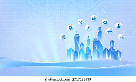 Fondo de tecnología de ciudad inteligente con horizonte digital en el lado derecho, íconos de servicio conectados, infraestructura de IoT, red de datos, espacio de copia para presentación, Ilustración vectorial futurista azul limpia.