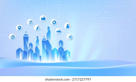 Smart city technology background with digital skyline on right side, connected service icons, IoT infrastructure, data network, copy space for presentation, clean blue futuristic vector illustration.