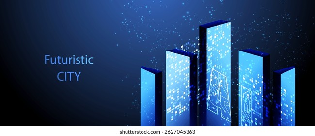 Smart city technology background. Future urban architecture glass buildings vector. Ai city concept. Digital futuristic intelligence high tech city design banner.