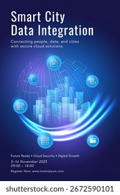 Smart city technology background with a glowing urban skyline, digital globe, cloud icons and connected data network for IoT and infrastructure concepts.