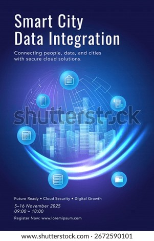 Smart city technology background with a glowing urban skyline, digital globe, cloud icons and connected data network for IoT and infrastructure concepts.