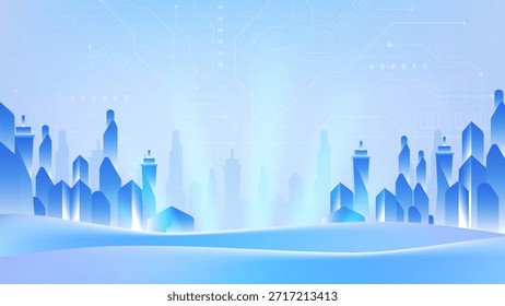 Fondo de tecnología de ciudad inteligente con horizonte moderno, líneas de red digital, centro de espacio de copia, diseño urbano futurista, Ilustración vectorial de gradiente azul limpio.