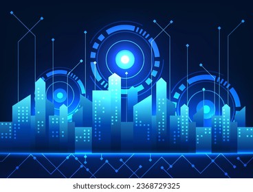 Smart City Technology A city with buildings lined up behind a technology circle with technology circles. It represents a smart city that provides convenience. better living conditions