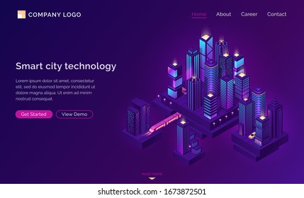 Smart city technology for business and life. Isometric futuristic town with skyscrapers, subway train and taxi. Vector purple landing page for company website, innovation in urban infrastructure