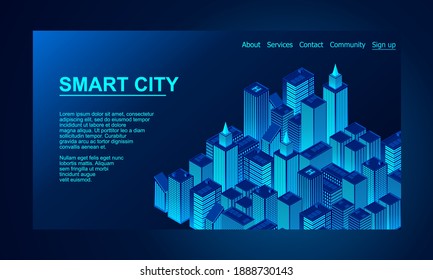 Smart city technology for business and life. Business center with skyscrapers. Isometric futuristic town with skyscrapers. Smart city isometric illustration