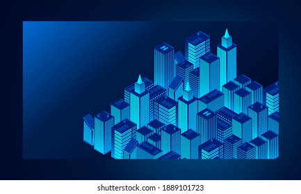 Smart city technology for business and life. Business center with skyscrapers. Isometric futuristic town with skyscrapers. Smart city isometric illustration