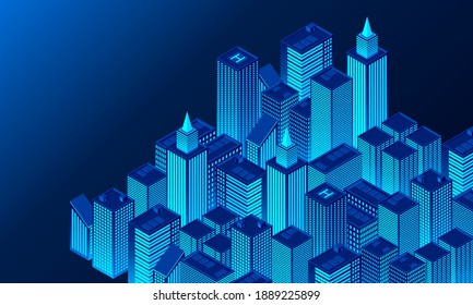 Smart city technology for business and life. Business center with skyscrapers. Isometric futuristic town with skyscrapers. Smart city isometric illustration