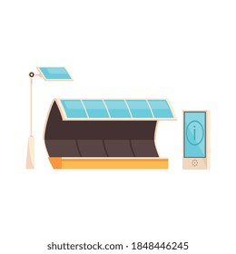 Smart city technology composition with isolated images of bus stop shelter information terminal and solar battery vector illustration